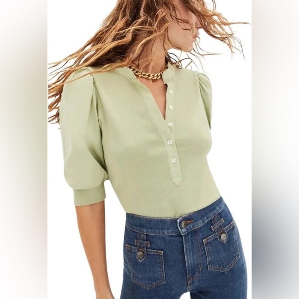 Veronica Beard Pale Green Puff Sleeve Henley Top